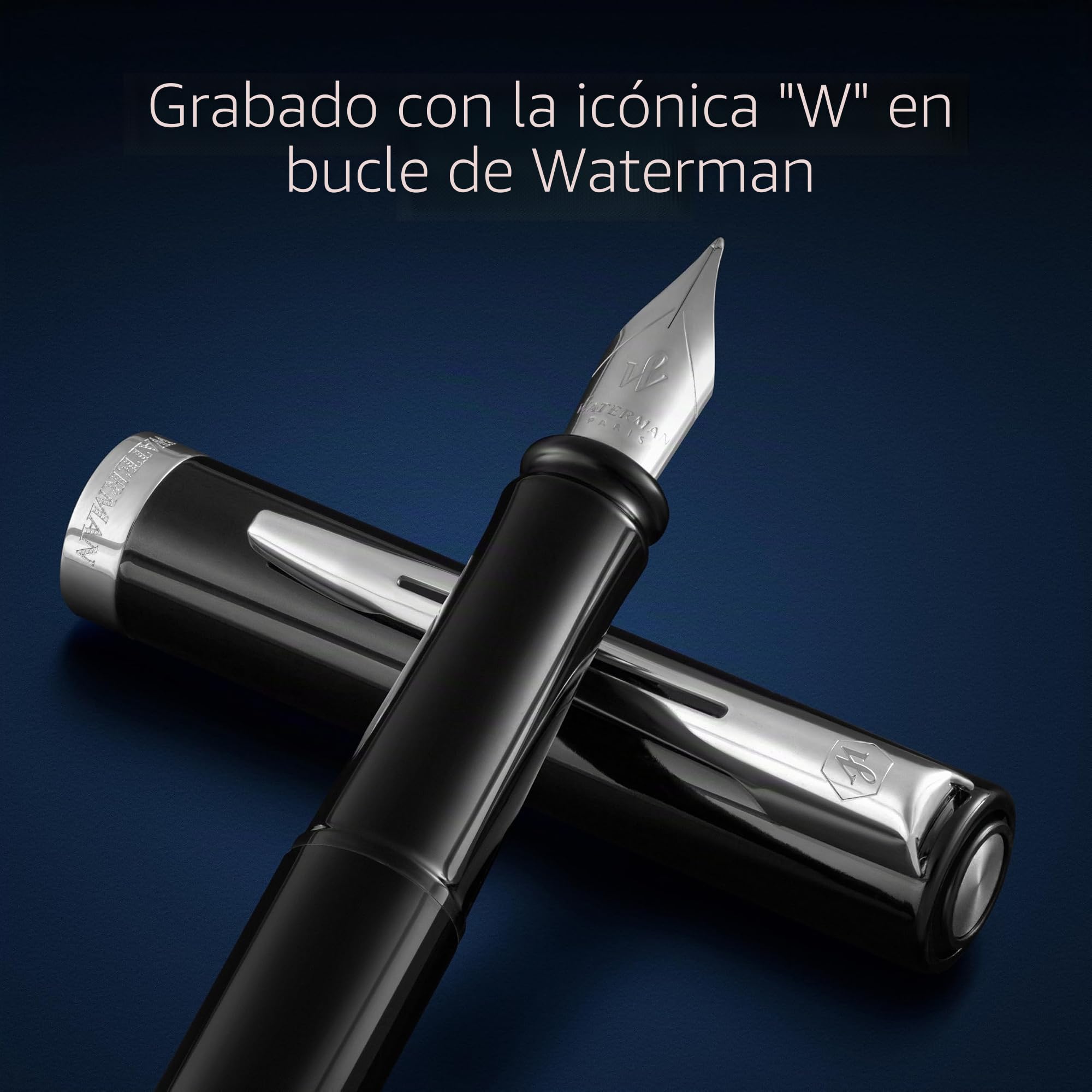 Waterman Impression Pluma estilográfica | Plumín medio con recarga de tinta azul | Laca negra con adornos chapados en paladio | Caja de regalo