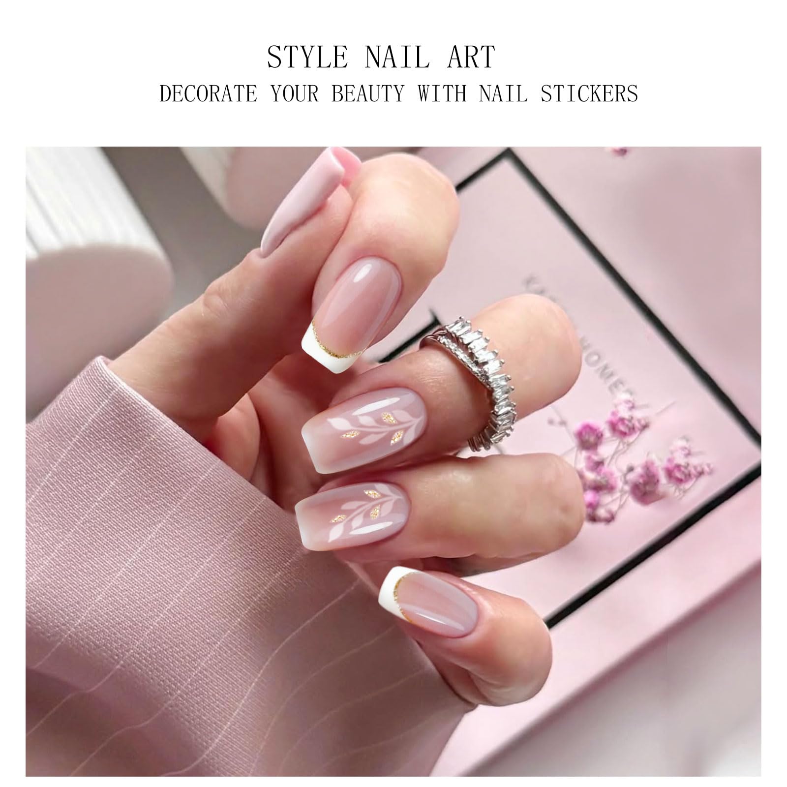 JMEOWIO Gel Nail Stickers Leaves White French Tip Semi Cured Gel Nail Strips Wraps UV/LED Nails Art Design Decoration Accessories - Image 2