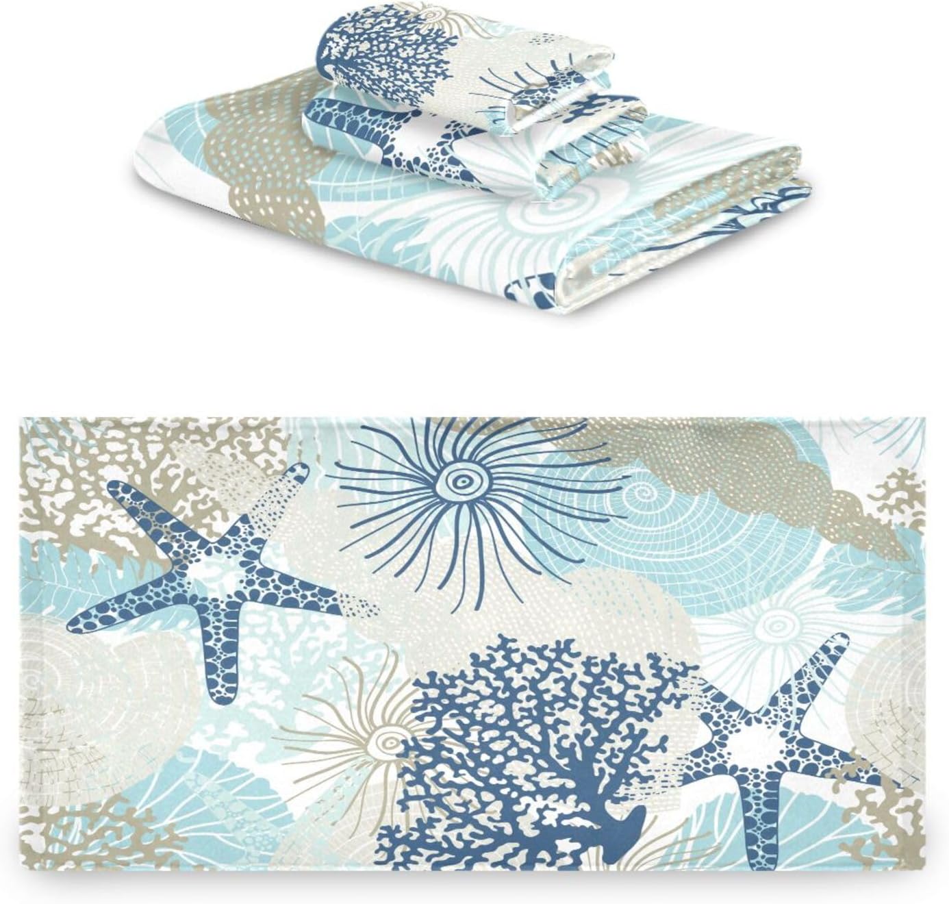 Aqua Blue Nautical Bath Towels Set of 3 Soft Absorbent Coastal Beach Themed Coral Starfish Towel Set,1 Bath Towel,1 Hand Towel and 1 Washcloth,Decorative Bathroom Towels for Shower,Gym,Spa