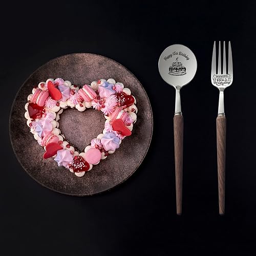 Miniatura 4 de Cena de feliz cumpleaños 15 con mango de madera, cuchara y tenedor, regalo de madera grabado, cuchara y tenedor, idea de regalos de cumpleaños