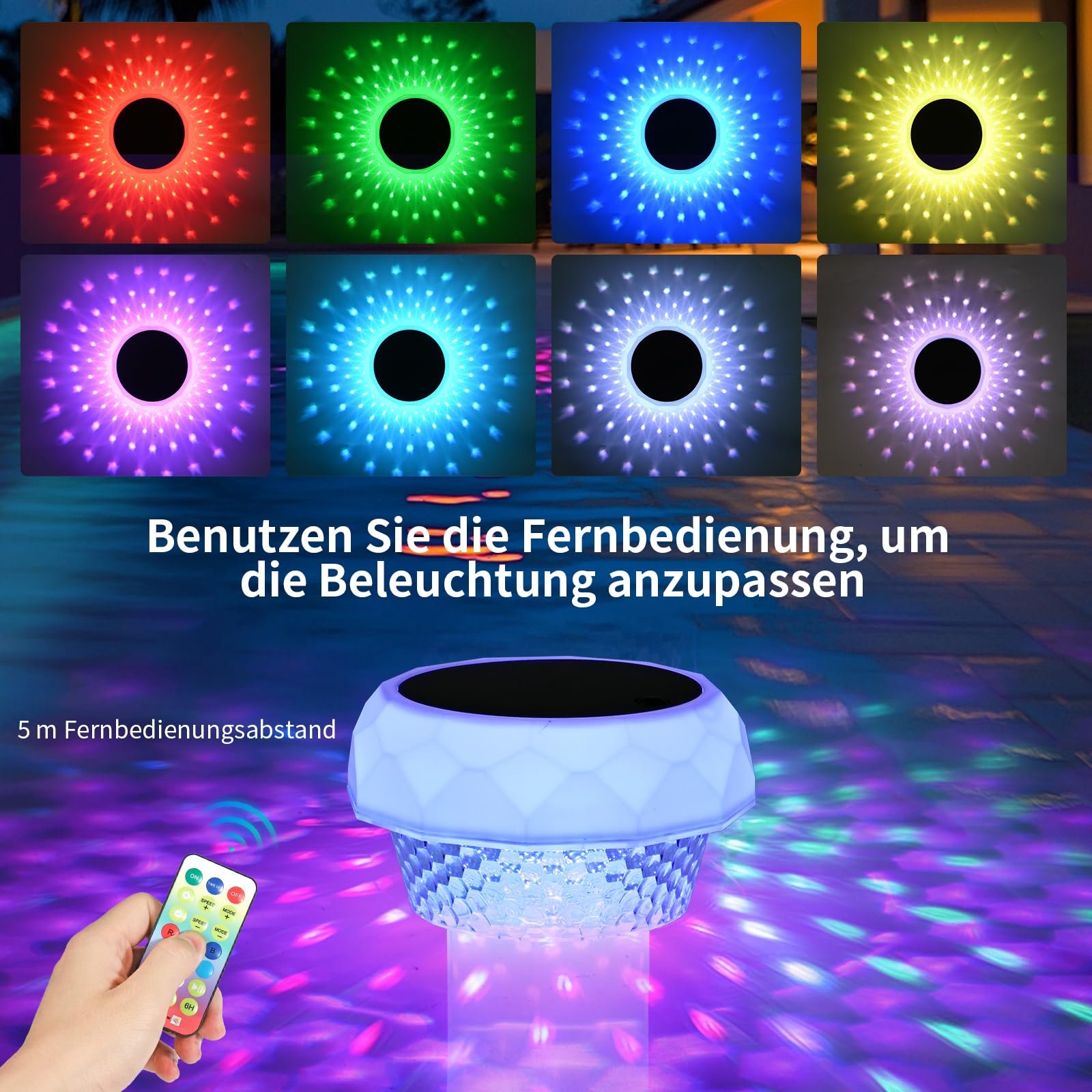 Dosierschwimmer Pool Schwimmer für Chlortabletten Chlordosierer mit LED Poolbeleuchtung Solar Großer Chlor Schwimmer für Pool mit Fernbedienung, IP68 Wasserdicht