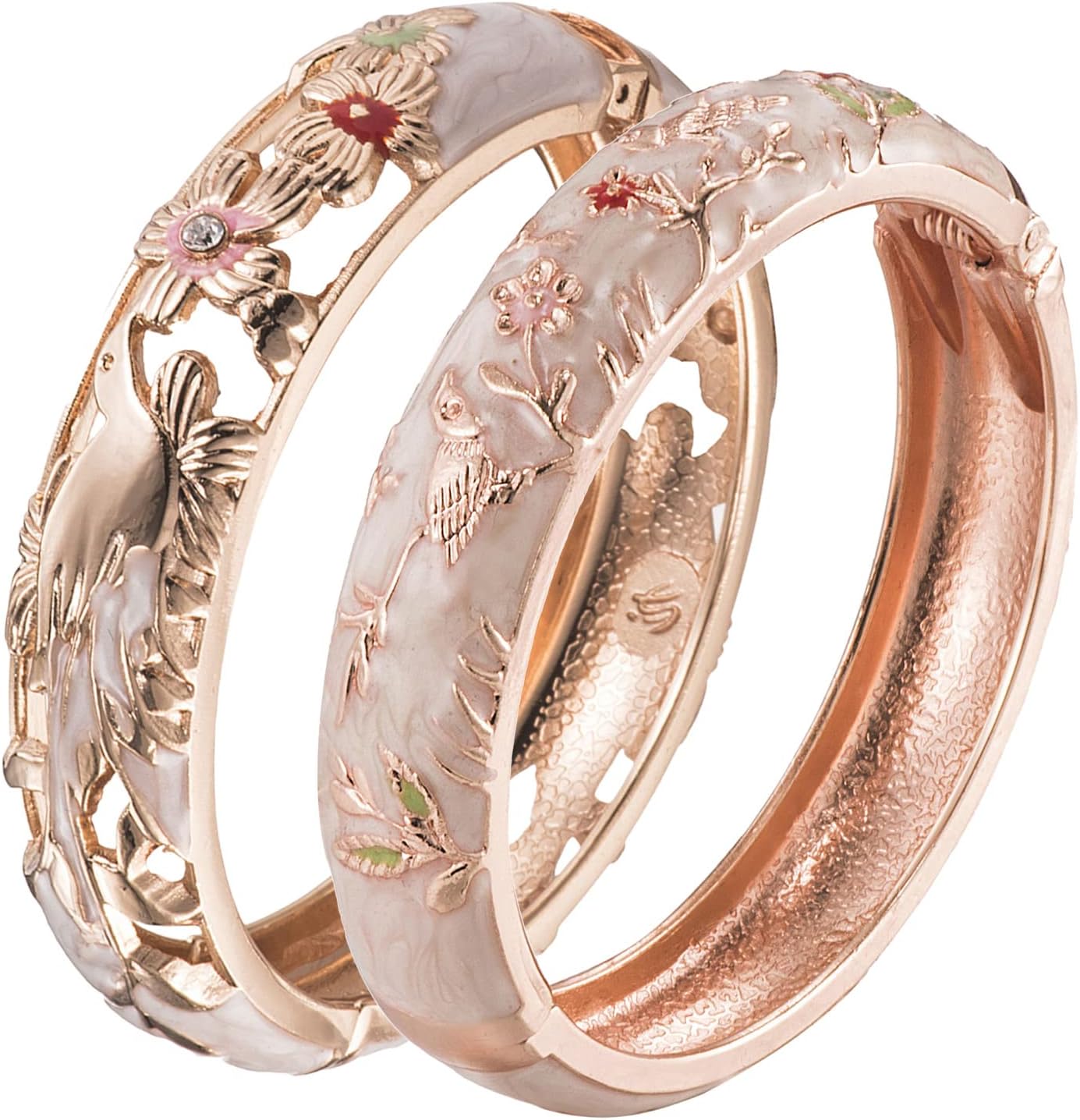 UJOY Cloisonne Indian Bangle Colored Crystal Plated Hinge Cuff Bracelet Hollowed Bird Enamel Jewelry Gift 55C49