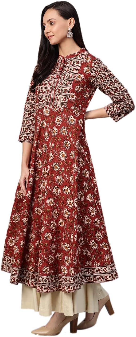 Yash Gallery Women's Floral Printed Yoke Design Pure Cotton 3/4 Sleeve Indian Anarkali Kurta For Summer - Image 2