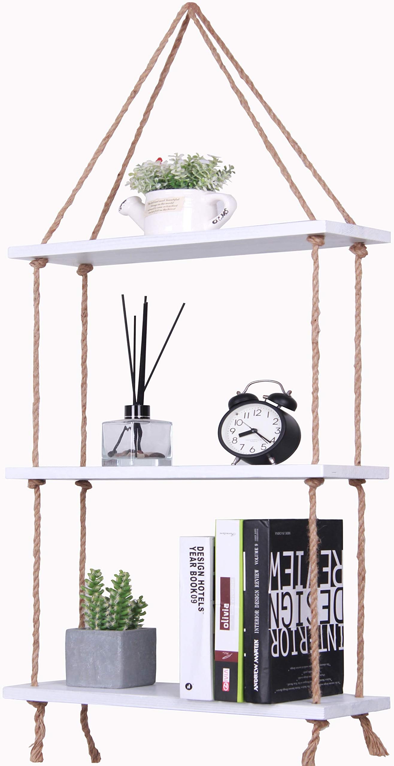 Rustic Rope Hanging Shelves for Wall Wood Window Plant Shelf Indoor 3 Tier Rustic White