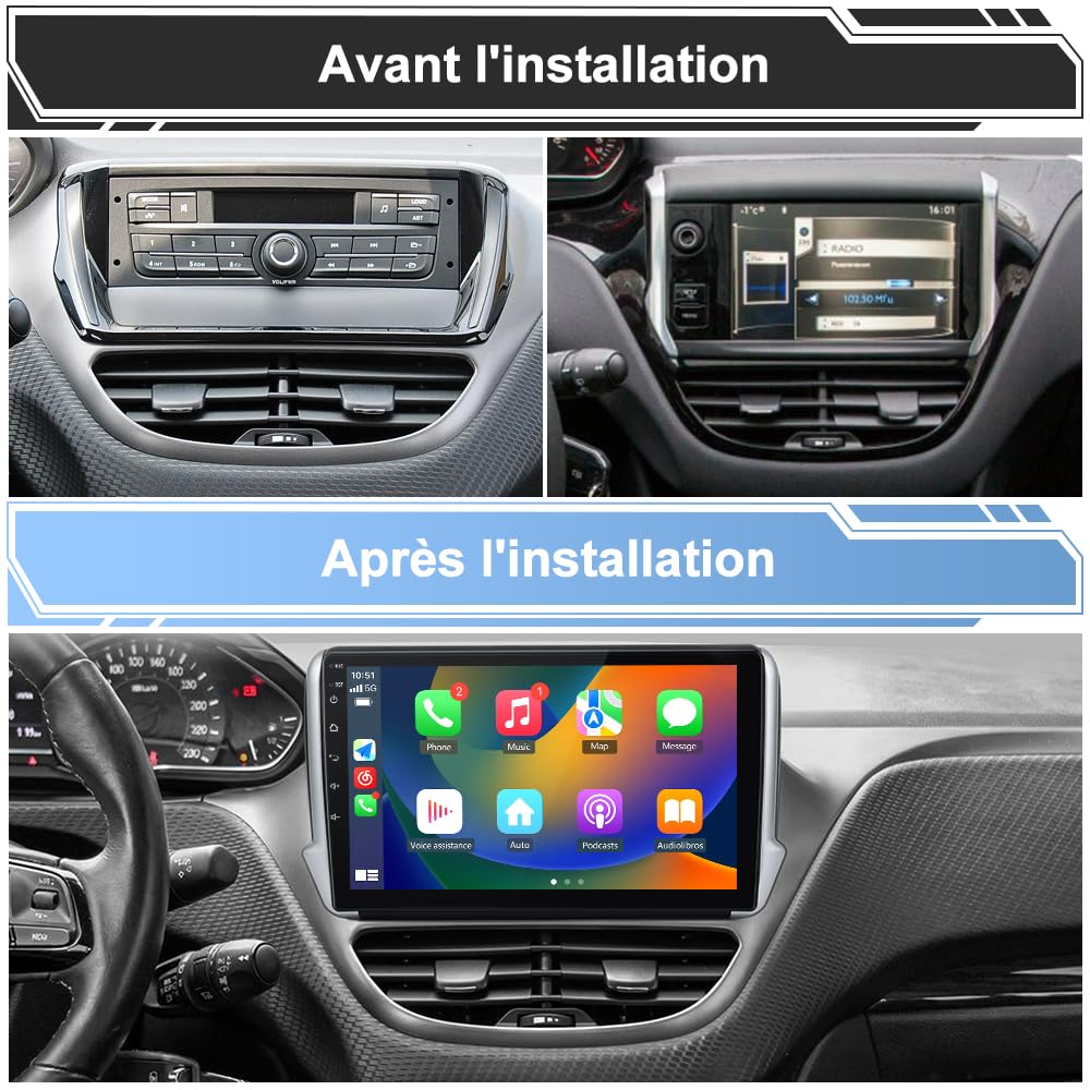 AWESAFE Autoradio 6Go+128Go 8Cœurs pour Peugeot 208 2008 (2012-2018), 4G LTE, Écran Tactile 10,1”, Android 13 CarPlay sans Fil & Android Auto, GPS WiFi Bluetooth FM RDS DSP, Commandes au Volant