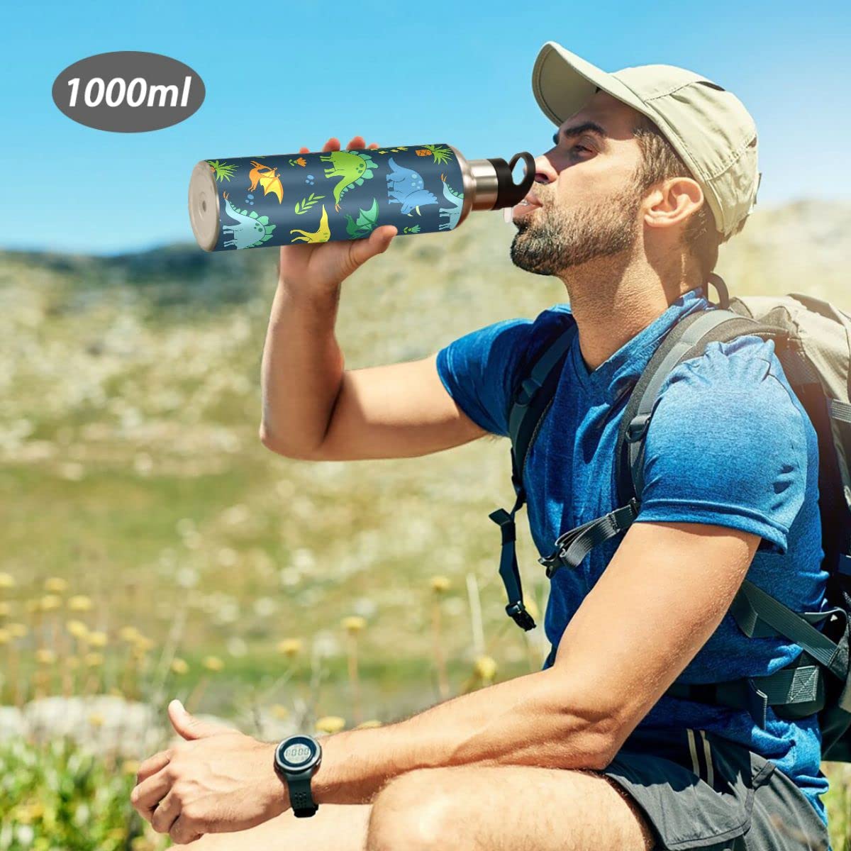 Edelstahl Wasserflasche mit Strohhalm, Dinosaurier isolierte Trinkflasche Sport Wasserflasche für Kinder Erwachsene, auslaufsicher, 1L