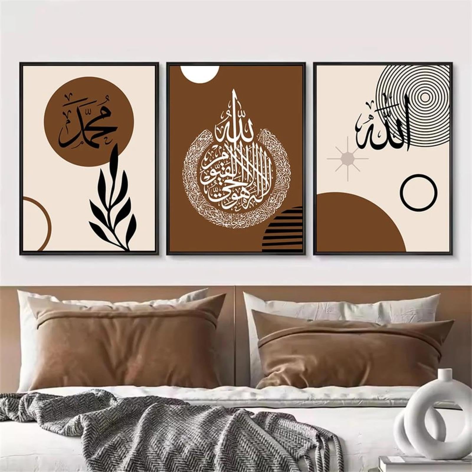 Baibexing Boho Beige Brown Islamic Wall Art Prints Leaf Abstract Geometry Arabic Calligraphy Poster Canvas Painting Living Room Home Decor 21X30Cmx3Pcs Unframed
