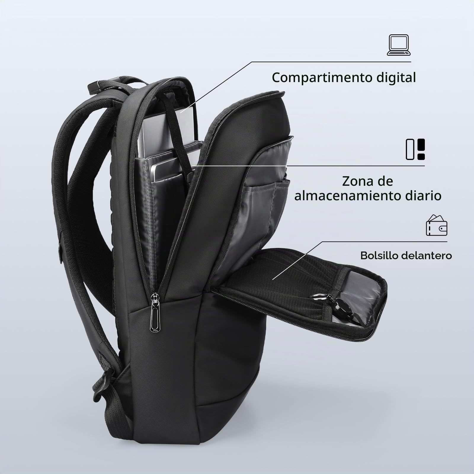 MARK RYDEN City Mochila para hombre, bolsillo múltiple, mochila ligera para el trabajo, desplazamientos para ordenador portátil con compartimento para ordenador de 15,6 pulgadas - Negro