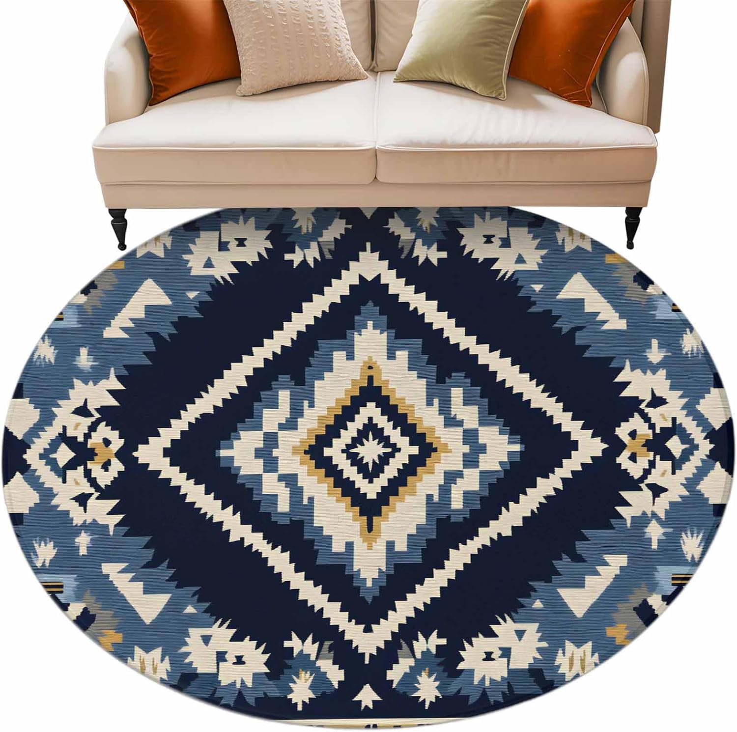 Round Rugs 8ft, Navy Blue Brown Boho Non Slip Washable Rug Runner, Vintage Geometric Southwestern Low Pile Indoor Floor Carpet Mat Bathroom Rugs for Living Room, Bedroom, Kids Room