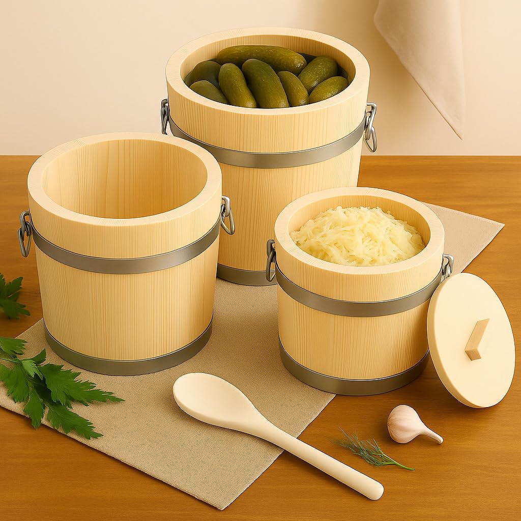 Gäreimer mit Deckel – naturbelassenes Gärfass mit Metallumreifung und Haltegriffen – Sauerkrautfass aus Holz für Fermentation von Gemüse, Kimchi, Gurken – Holz Gärtopf aus Weißtanne (15 Liter)