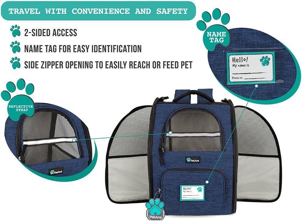 PetAmi Deluxe Pet Carrier Backpack for Small Cats and Dogs, Puppies | Ventilated Design, Two-Sided Entry, Safety Features and Cushion Back Support | for Travel, Hiking, Outdoor Use (Heather Navy) : Pet Supplies