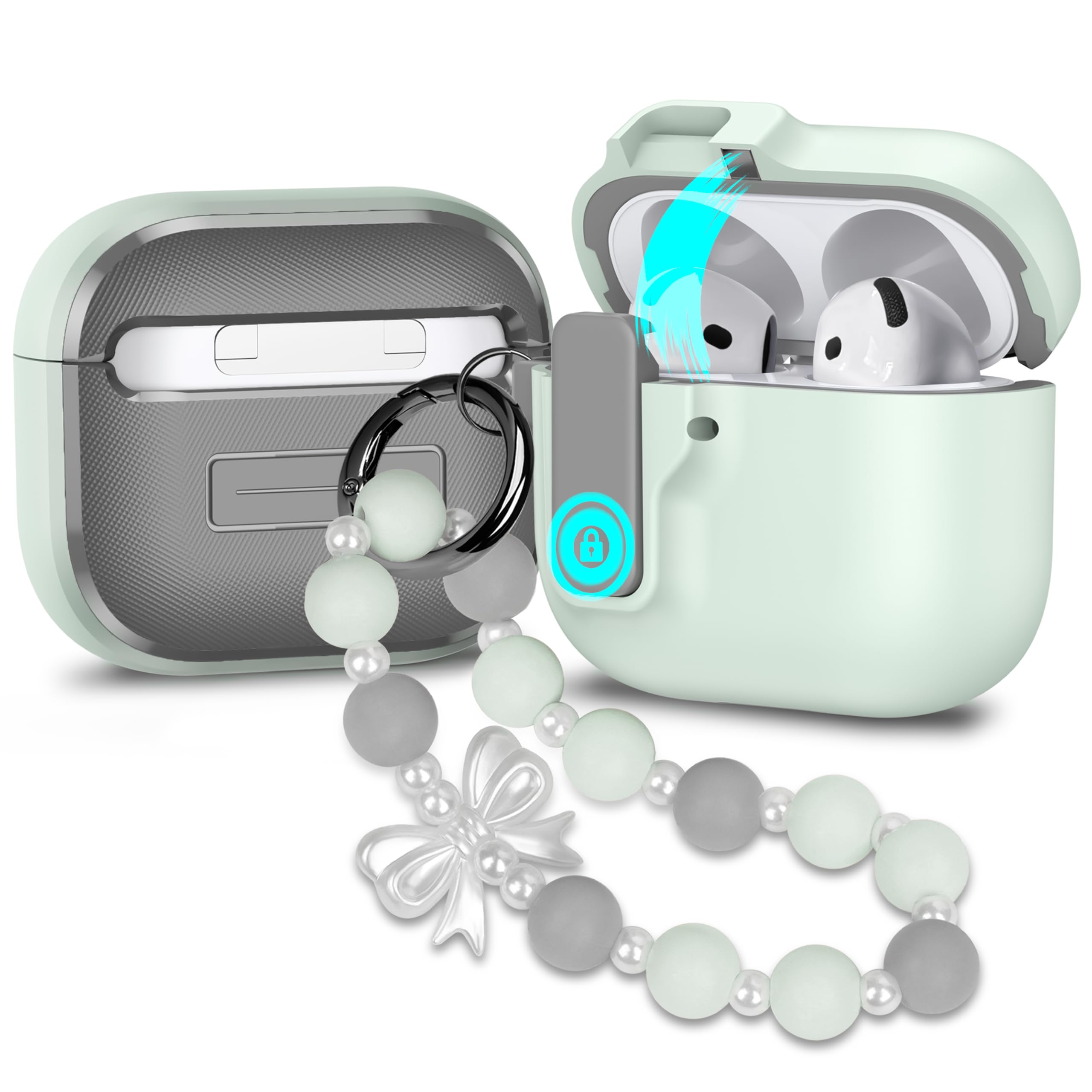 Compatible with AirPods 4 Case with Lock, AirPods 4th Generation Case, Auto Pop-Up Lid Full Protection Cover with Keychain for Girls, Green Bow