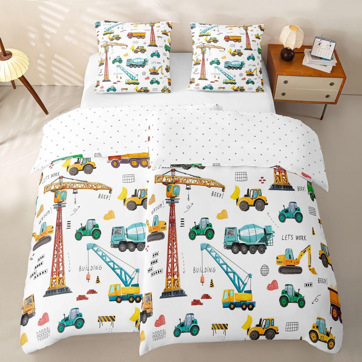 Homewish Cartoon Bagger Jungen Bettwäsche 135x200 4teilig Mikrofaser | Traktoren Maschinen LKWs 2 Kissenbezüge Baumaschinen Kinder 2 Bettbezüge Gelb Grün Baustellen Fahrzeugen Bedding Weich