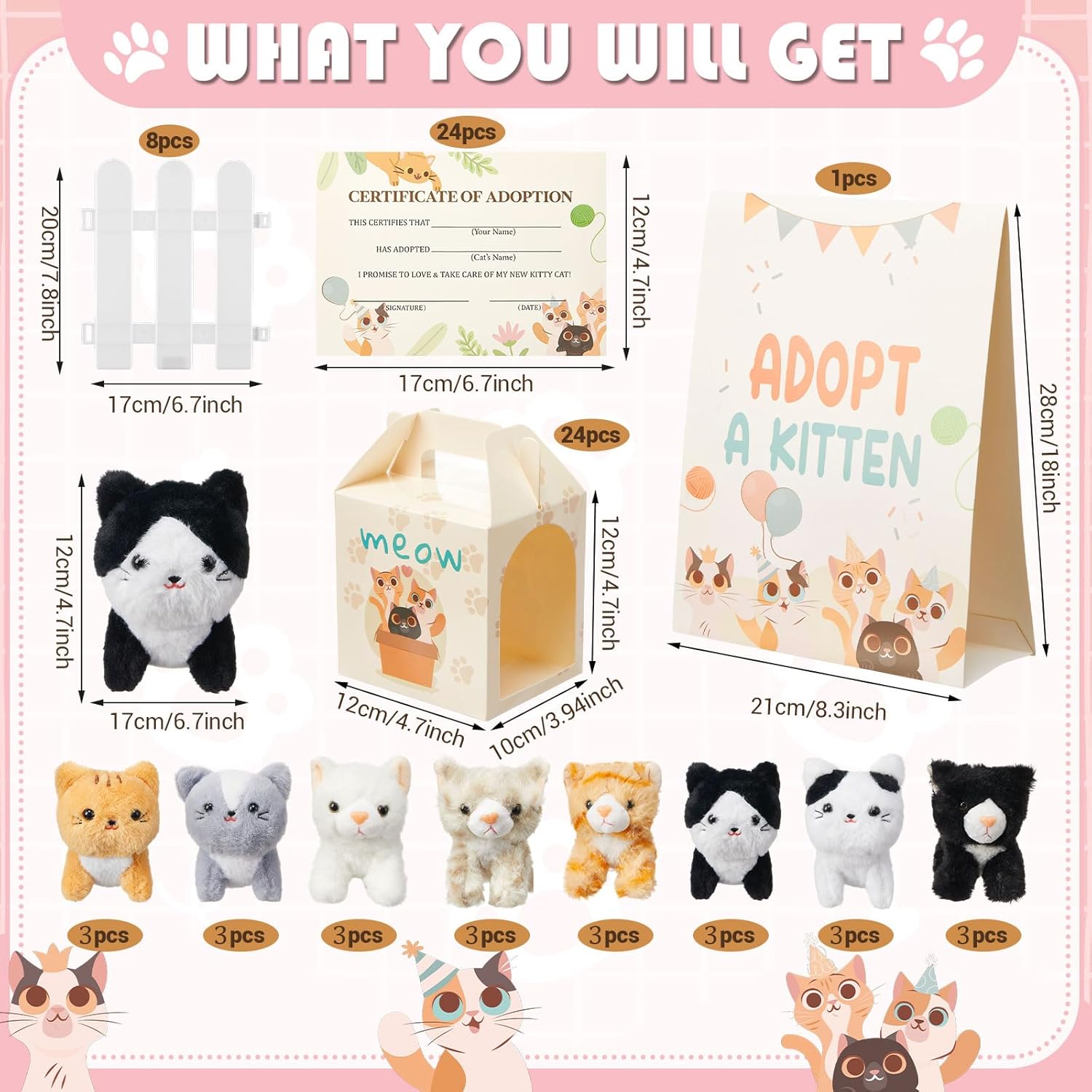 Skylety 24 Sets Pcs Adopt a Cat Favors Small Stuffed Plush Cats Bulk with Foldable Puppy Boxes Adoption Cards White Fences and Paper Sign for Adopt a Pet Theme Birthday Party Supplies Gifts
