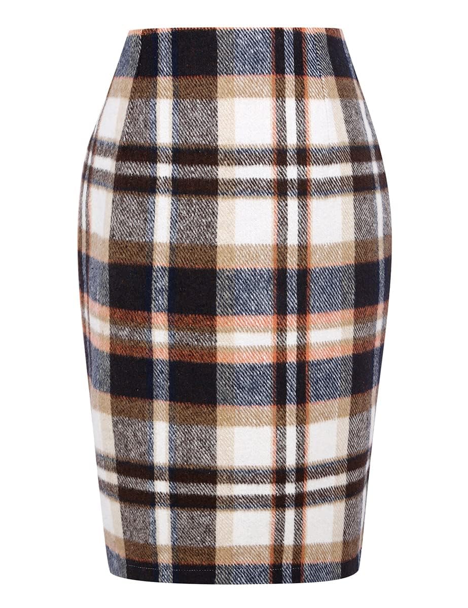 IDEALSANXUN Midi Plaid Skirts for Women 2024 Fall Winter Knee Length Pencil Wool Skirt with Slit, Brown, S