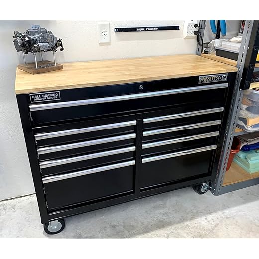 46 in. 9-Drawer Mobile Storage Cabinet with Solid Wood Top - Black Workbench