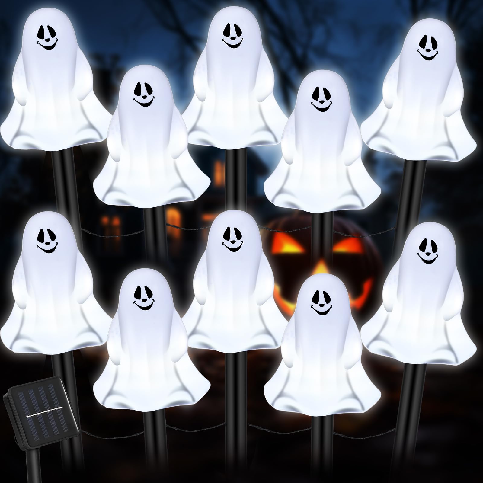 Baquler 10 Pcs Halloween Ghosts Pathway Marker Lights White Ghosts Pathway Stake String Lights Halloween Solar Stake Lights Halloween Lawn Lights for Outdoor Walkway Garden Yard Driveway Party Decor