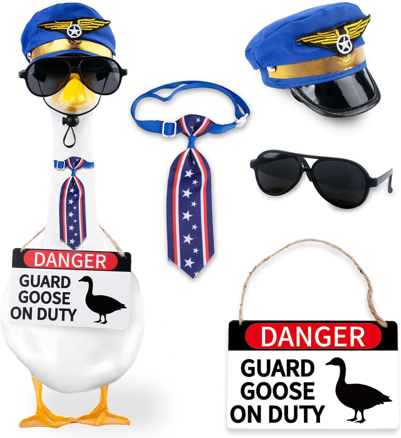 CAMDUCK 4 Pcs Porch Goose Accessories Porch Goose Sign Air Force Hat Eyeglasses Necktie Wooden Danger Guard Goose on Duty Warning Sign Goose Outfits Decor for Yard Porch Lawn
