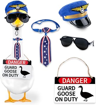 4 Pcs Porch Goose Accessories Porch Goose Sign Goose Air Force Hat Eyeglasses Necktie Wooden Gooses Warning Sign Danger Guard Geese on Duty Warning Sign Goose Outfits Decor for Yard Porch Lawn