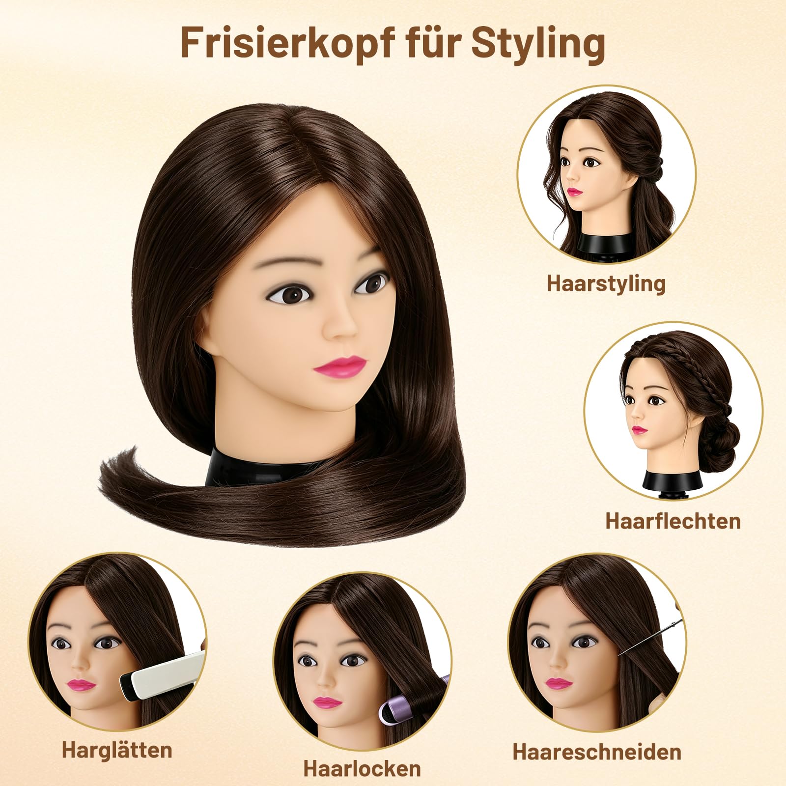 TwoWin 60 cm Trainingsköpfe Friseur, 24 Zoll Frisierkopf mit 80% Echthaar | Übungskopf Friseurkopf Puppenkopf mit Tischhalter + Haar Styling Braid Set (Rotbraun)