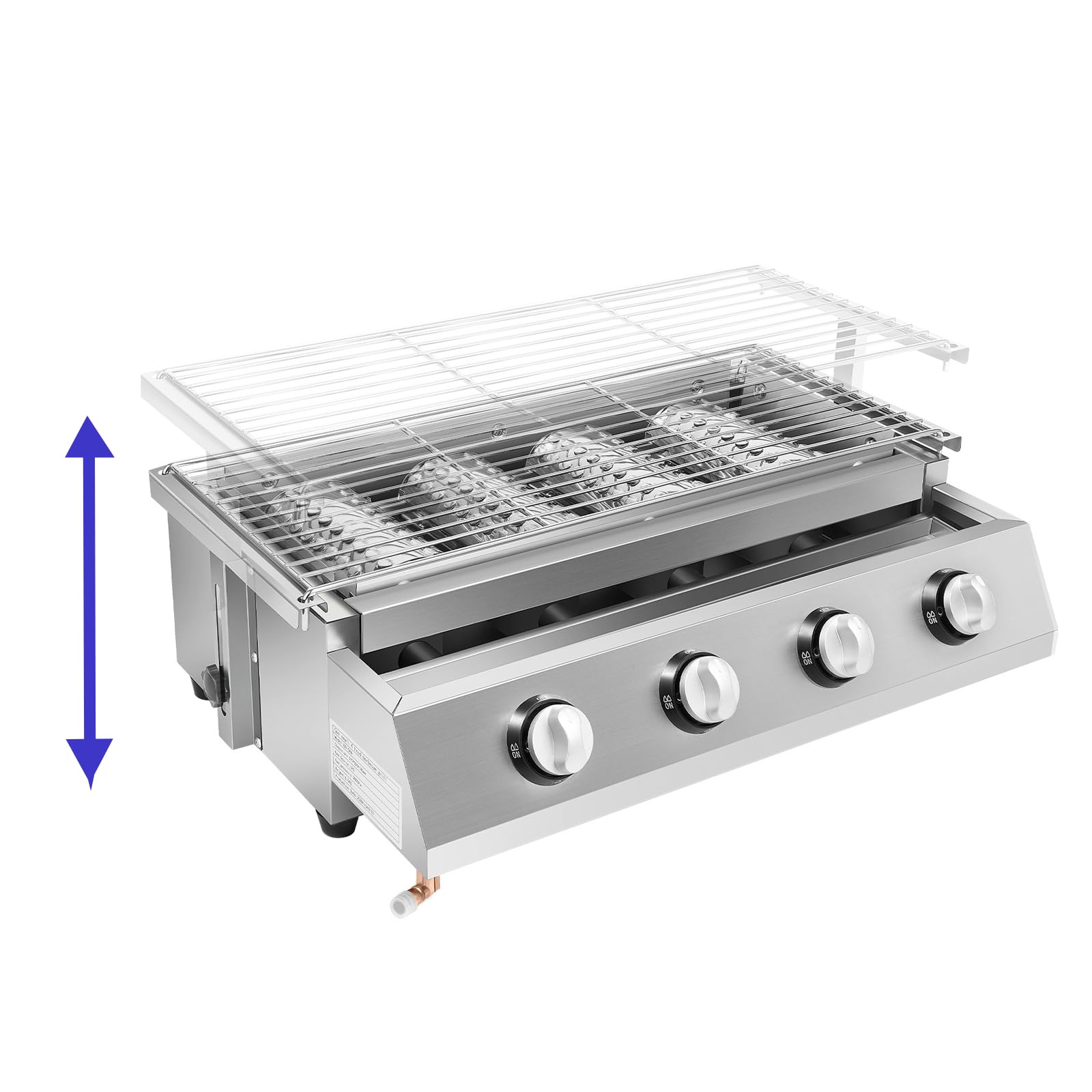 Przenośny grill gazowy, 4 palniki, stołowy grill gazowy z rusztem do grillowania, stal nierdzewna, grill gastronomiczny LPG, z regulacją wysokości, zdejmowany grill 57 x 39 x 17,5 cm, na