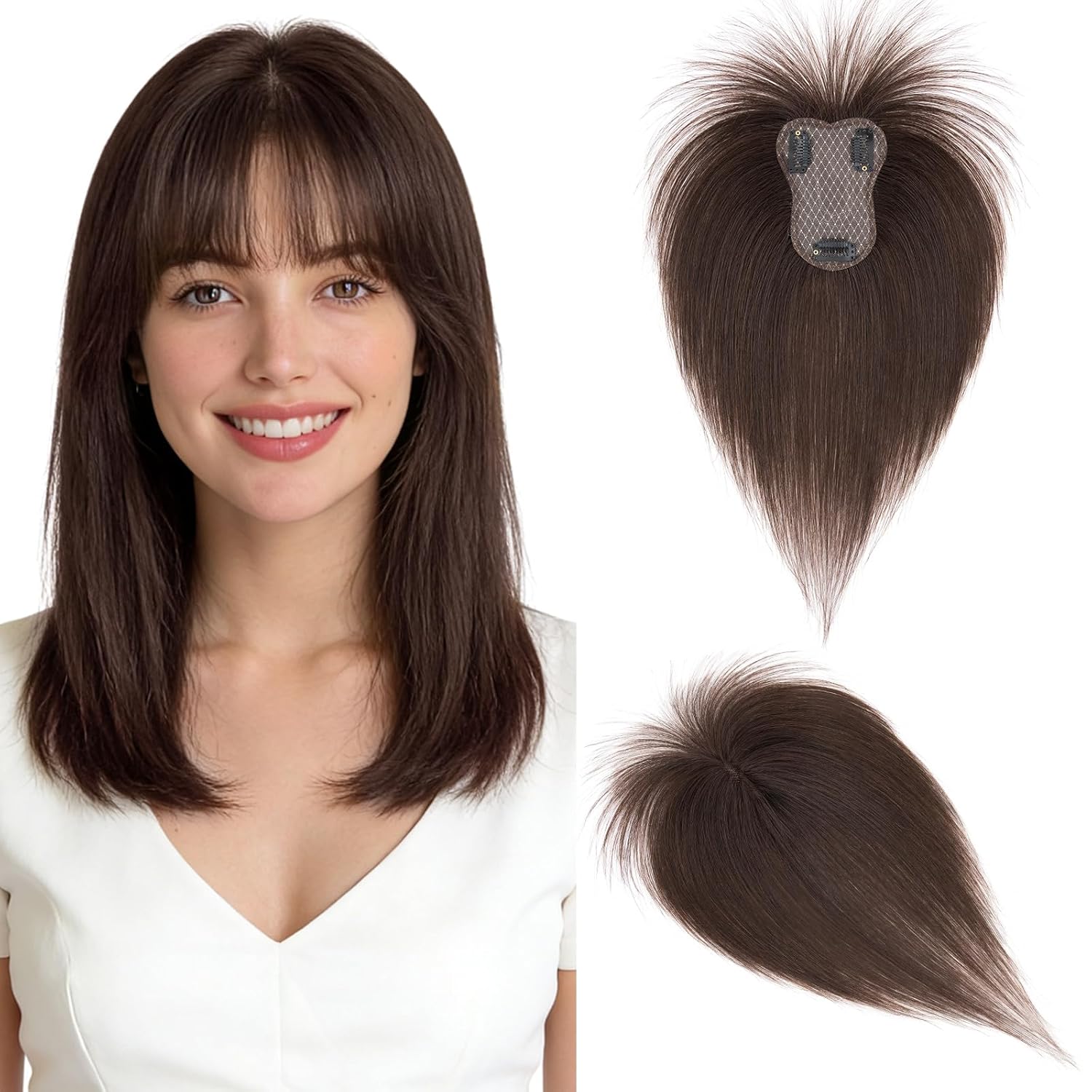 Hairro Real Hair Topper With Bangs Clip In Small Human Hair Toppers For Women Wispy Short Thin Remy Dark Brown Topper Hairpieces Fake Bangs Hair Clip 12 Inches 20g #02