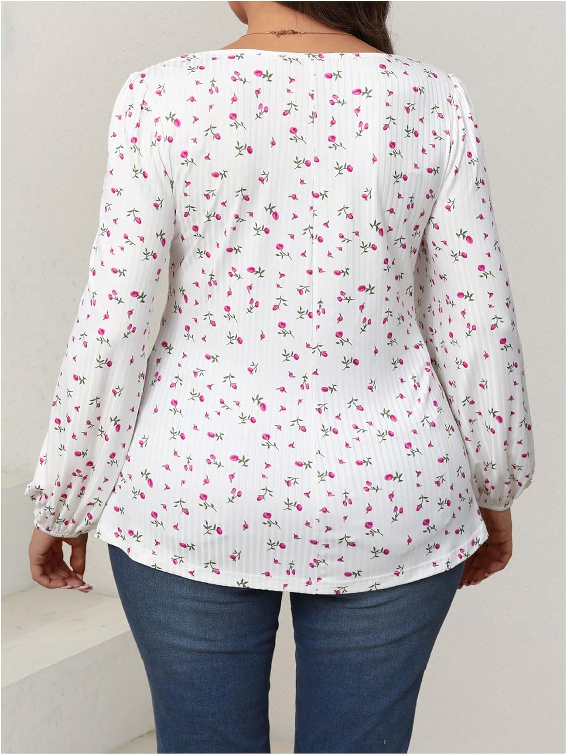 SOLY HUX Women's Plus Size Floral Peplum Tops Square Neck Long Sleeve Tie Front Ruffle Hem Tee Fall T Shirt - Image 2