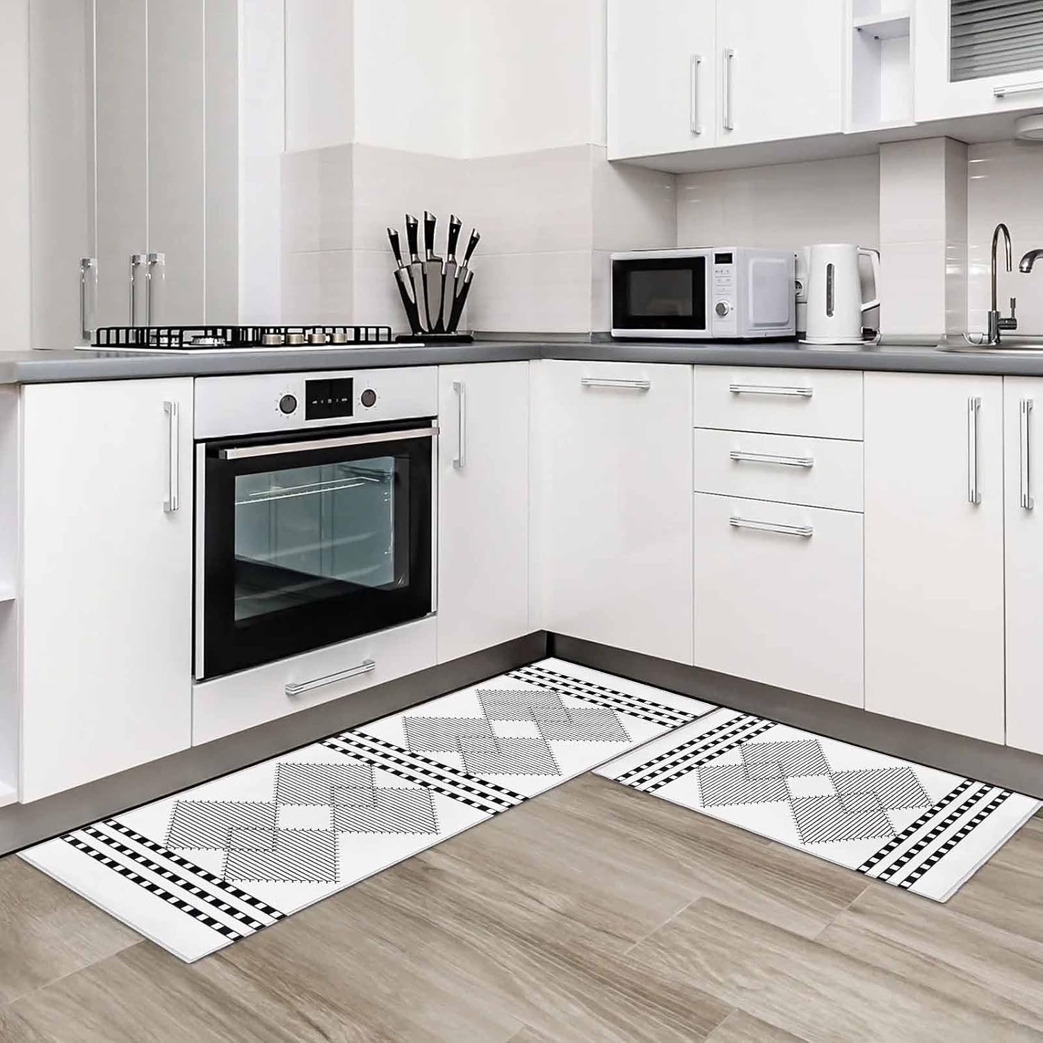 Kitchen Mats for Floor Abstract Black White Diamond Plaid Washable Non Slip Kitchen Rugs 2PCS, Modern Geometric Pattern Absorbent Standing Mats for Sink Office Living Room 15.7x23.6in+15.7x47.2in
