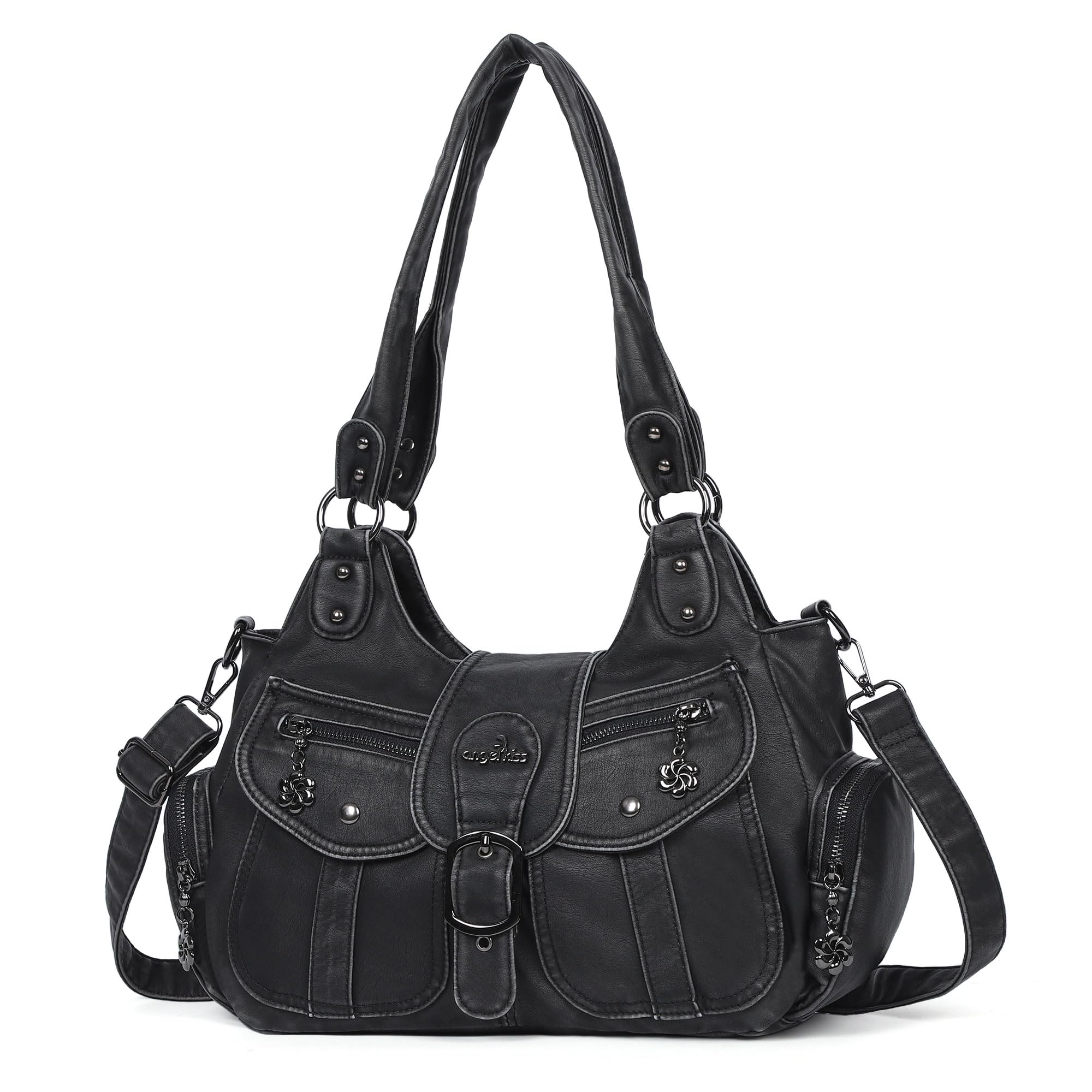 Angel Kiss Hobo Bags for Women Vegan Leather Shoulder Purses and Handbags Ladies Roomy Tote Bags Purse with Crossbody Strap 1-black
