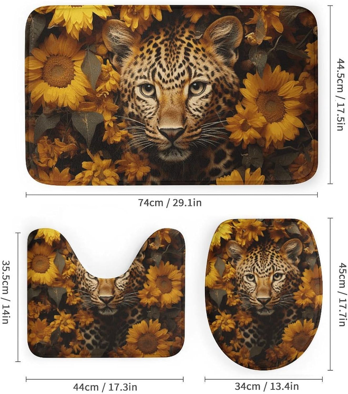 Leopard and Sunflower Shower Curtain Set 4 Piece, Non-Slip Bath Mat with Toilet Lid Cover and Waterproof Shower Curtain with 12 Hooks, Complete Bathroom Set for Home Decor