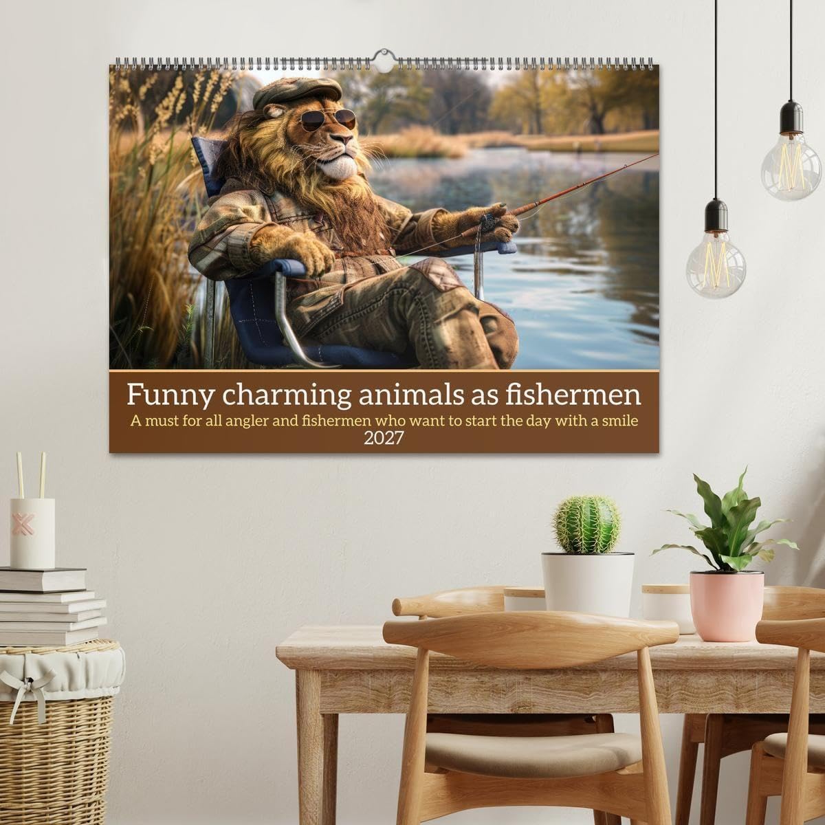 Funny charming animals as fishermen (Wall Calendar 2027 DIN A2 landscape), CALVENDO 12 Month Wall Calendar: Funny animals sit in fishing outfits at a lake fishing, accompanied by humorous sayings