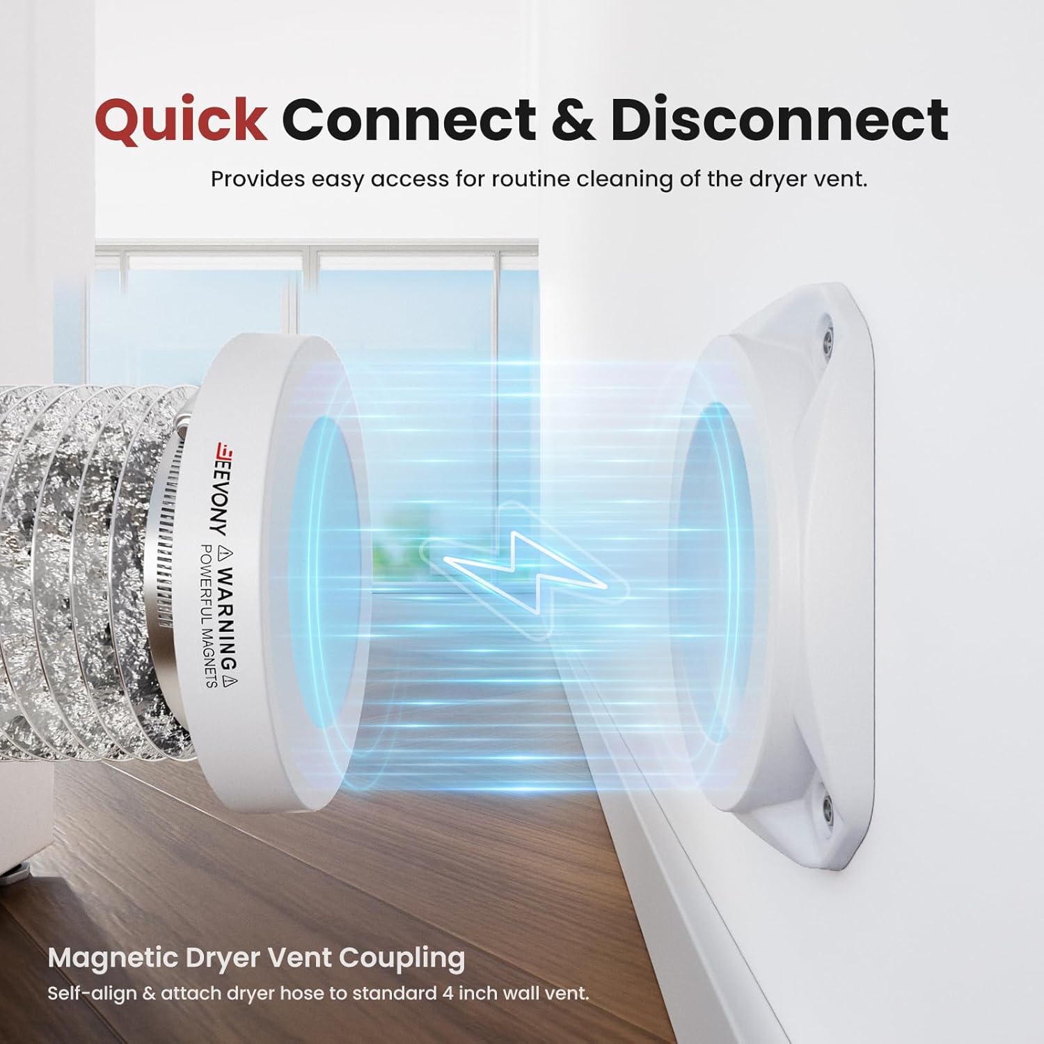 Magnetic Dryer Vent Coupling FR ABS V-0 Dryer Vent Connector Kit Airtight Seal Easy to Clean Quick Connector Including a 2.6ft 4" Duct and two Clamps, White, SDV180