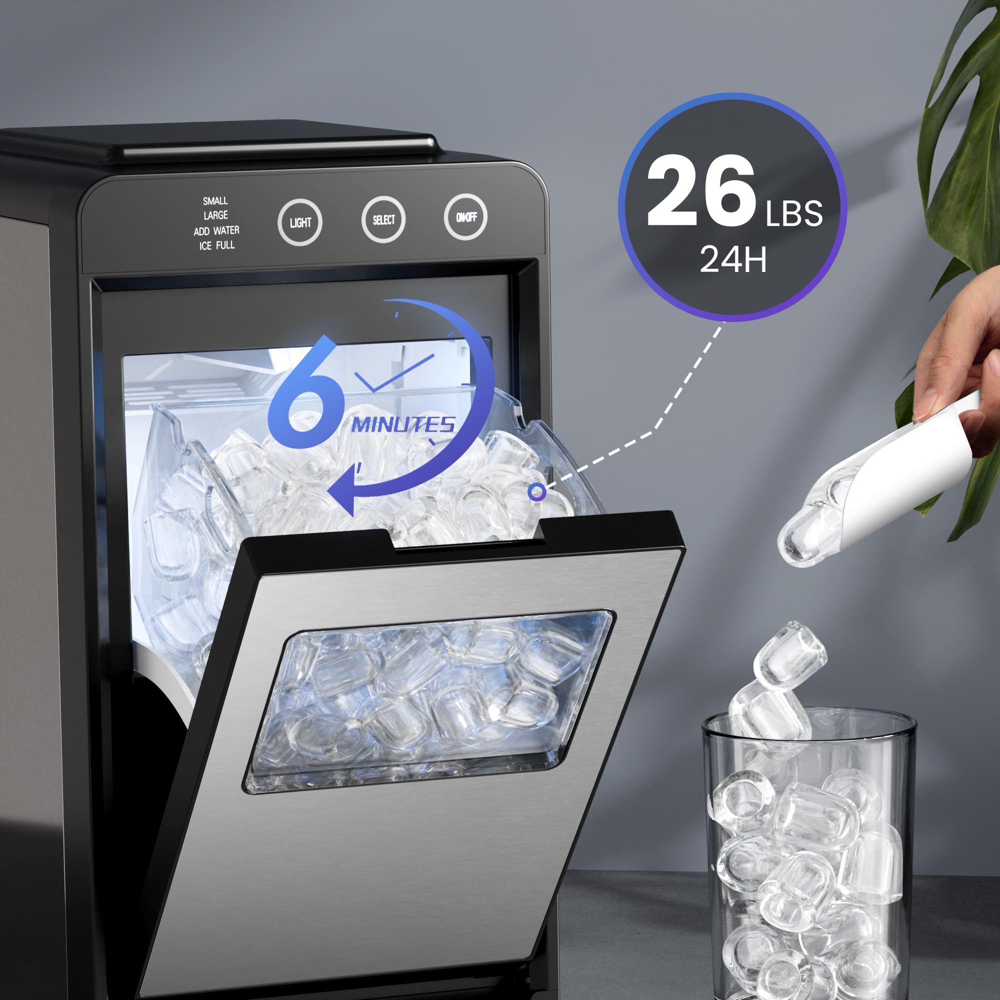 Electactic Ice Makers Countertop,26Lbs/24H,8Pcs in 6Mins,Portable Ice Maker Machine with Self-Cleaning,Interior Lighting,2 Sizes of Bullet Ice for Home/Office/Party(Stainless Steel) on Fridge.com