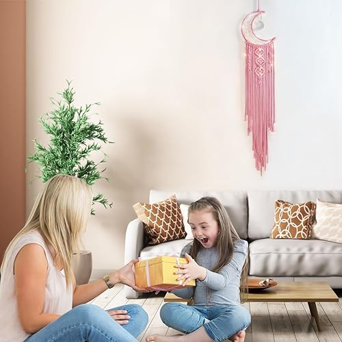 Vista 33 de Colgante de pared tejido de macramé bohemio, crochet, luna creciente, estrella, atrapasueños con borla larga, algodón negro, hecho a mano, bohemio