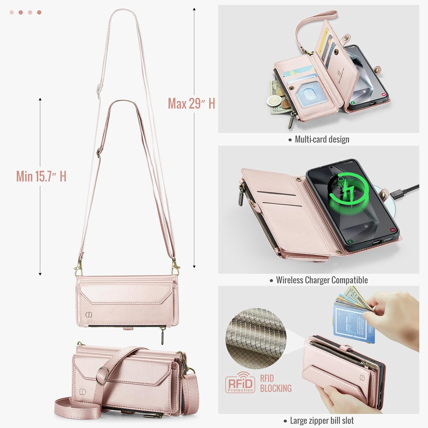 Wallet Case Compatible with Samsung Galaxy S25 5G RFID Blocking Card Holder Soft PU Leather Magnetic Snap Shoulder Strap Zipper Pocket Phone Case Fit for Galaxy S25 - Rose Gold - Image 7