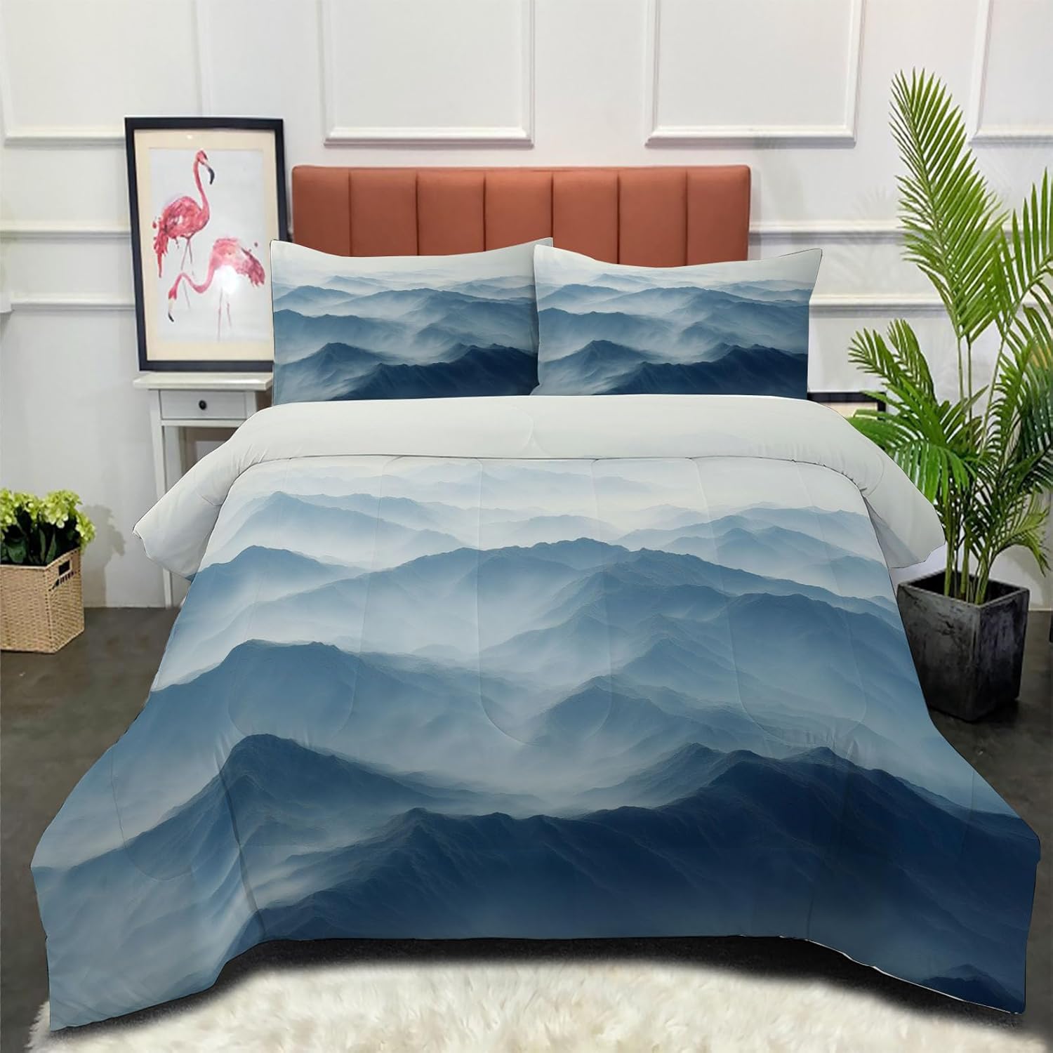 3D Mountain Light Waves Comforter Set Queen Size Bedding Set Futuristic Style All Season Down Comforter Printed Quilted with 2 Pillow Shams for Kids, Teens, Adults 90 x 90in Purple
