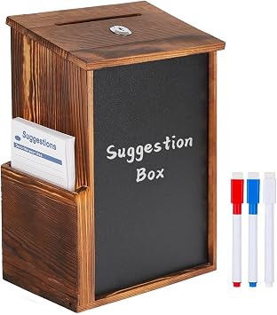 Wooden Suggestion Box, Suggestion Box Lockable with 3 Pens, 50 Suggestion Cards and 2 Keys, Donation Boxes for Charity, Supermarkets Schools Hospitals Communities and Homes