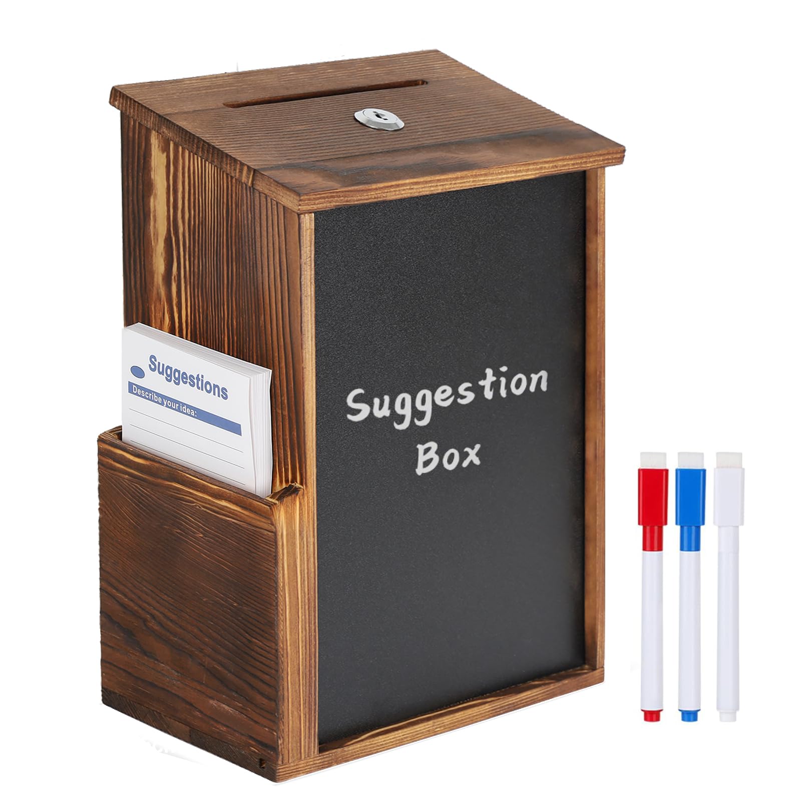 Dyserbuy Wooden Suggestion Box, Suggestion Box Lockable with 3 Pens, 50 Suggestion Cards and 2 Keys, Donation Boxes for Charity, Supermarkets Schools Hospitals Communities and Homes