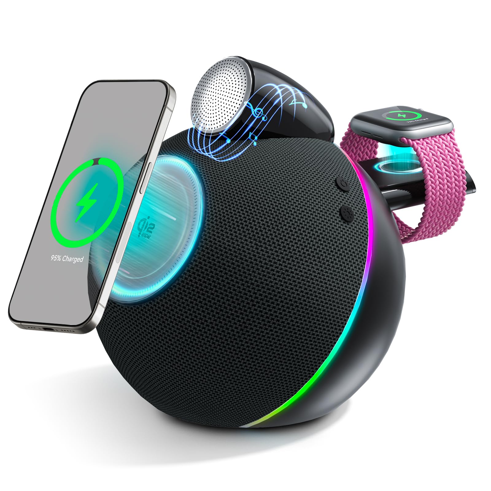 Caricatore e supporto 4 in 1, compatibile con Qi2, caricabatterie wireless magnetico da 25 W, con altoparlanti Hi-Fi Bluetooth e luci ambientali morbide, compatibile con iPhone 17/16/15, Apple Watch