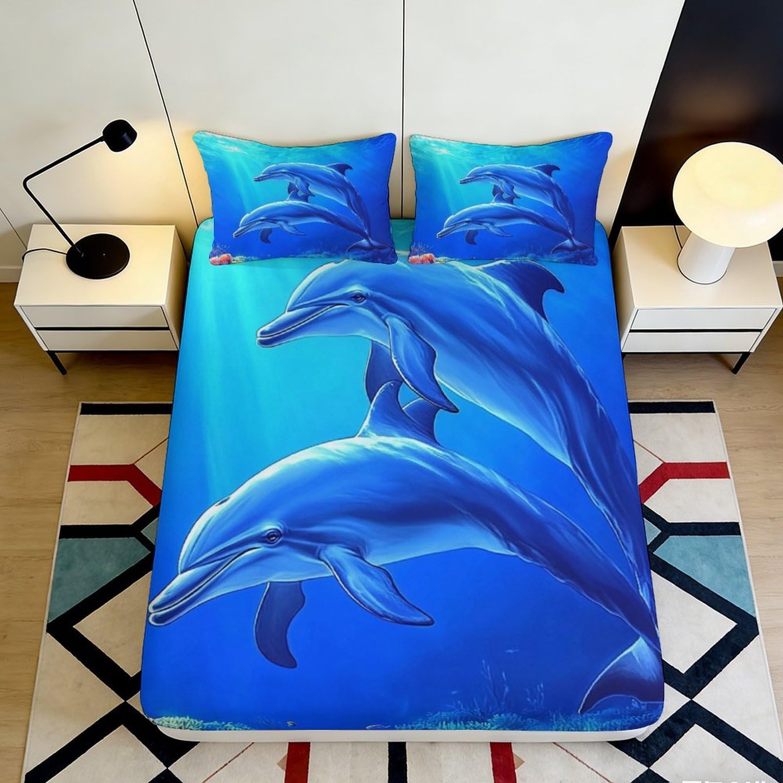 3D Printed Dolphin Ocean Blue Fitted Sheet Microfiber Soft Bed Sheet for Bedroom Guest Room Mattress Protection 90x200x25cm