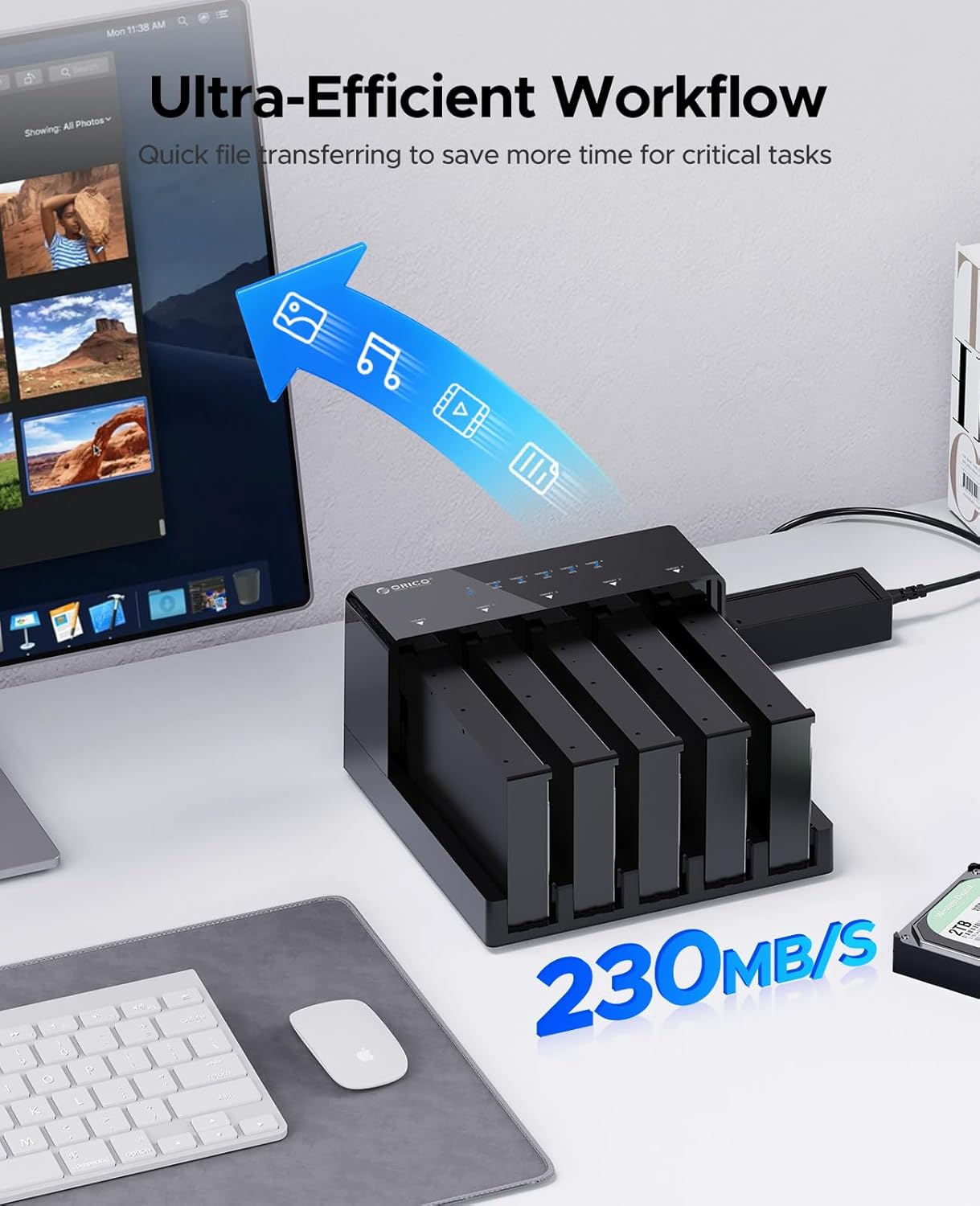 Graphic showing data transfer from the ORICO 5 Bay Hard Drive Docking Station to a computer with a speed indicator of 230MB/s, emphasizing efficient workflow.