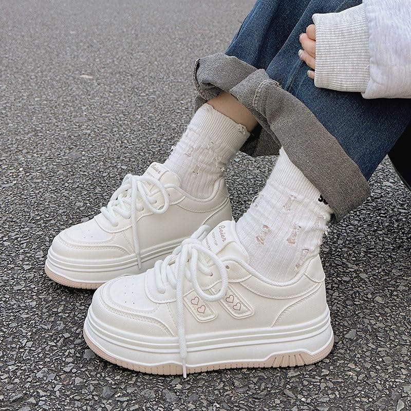 Milky Soft White Women & Girls Sneakers - Heart Chunky Platform Cute Shoes for Campus Chic, Beach Travel & Cozy Picnics, Y2K Kawaii, Birthday Gifts, Comfy Everyday Streetwear, Back to School2
