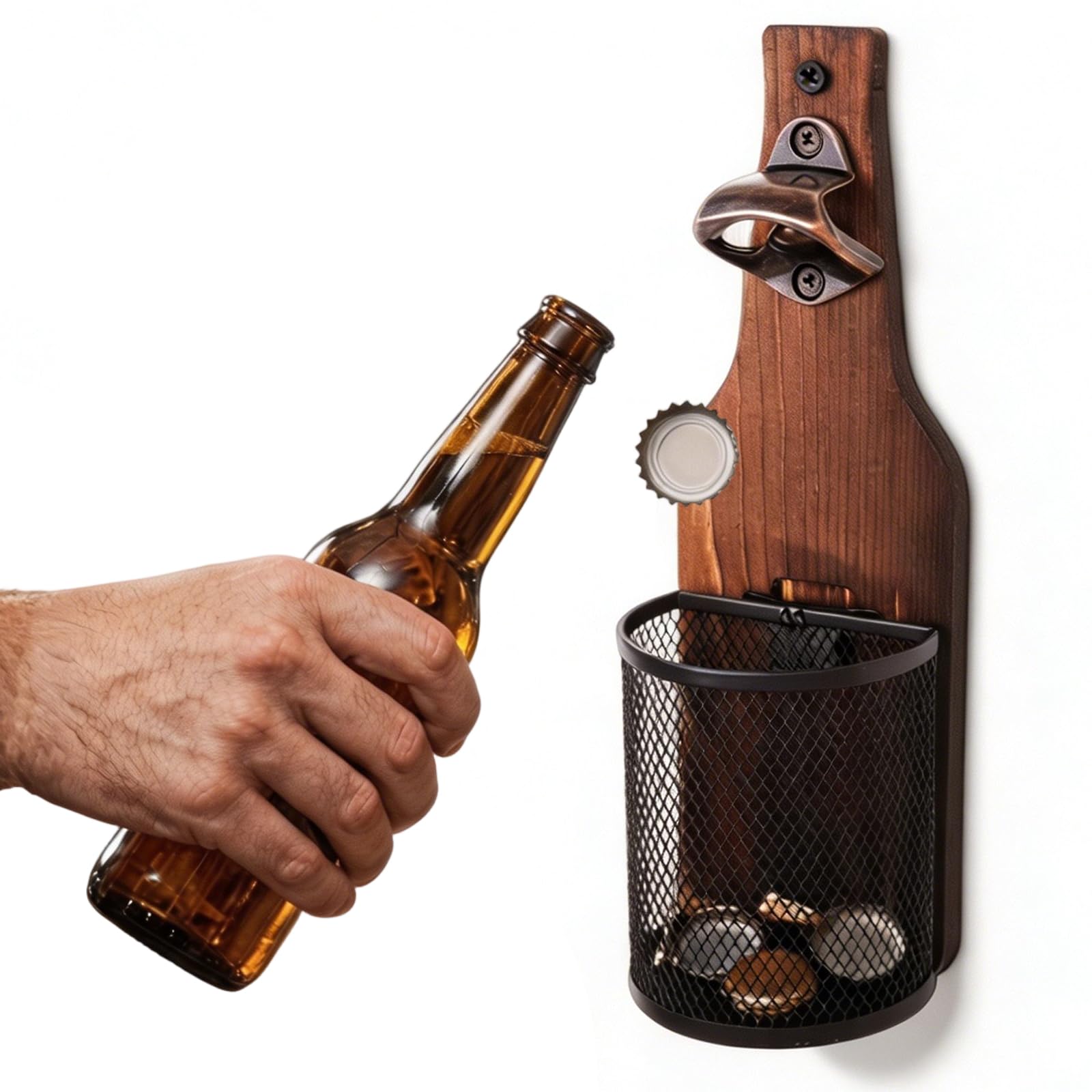 Abridor de botellas de madera vintage montado en la pared con colector de tapas