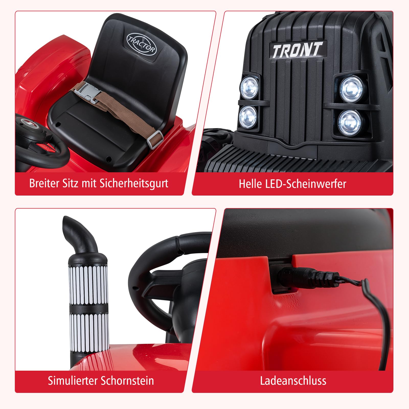COSTWAY Elektro Traktor mit Anhänger, 24V Aufsitztraktor elektrisch inkl. Fernbedienung, Kindertraktor mit Musik, USB, Sanft-Start & LED Lichtern, Elektrotraktor für Kinder ab 3 Jahren (Rot)