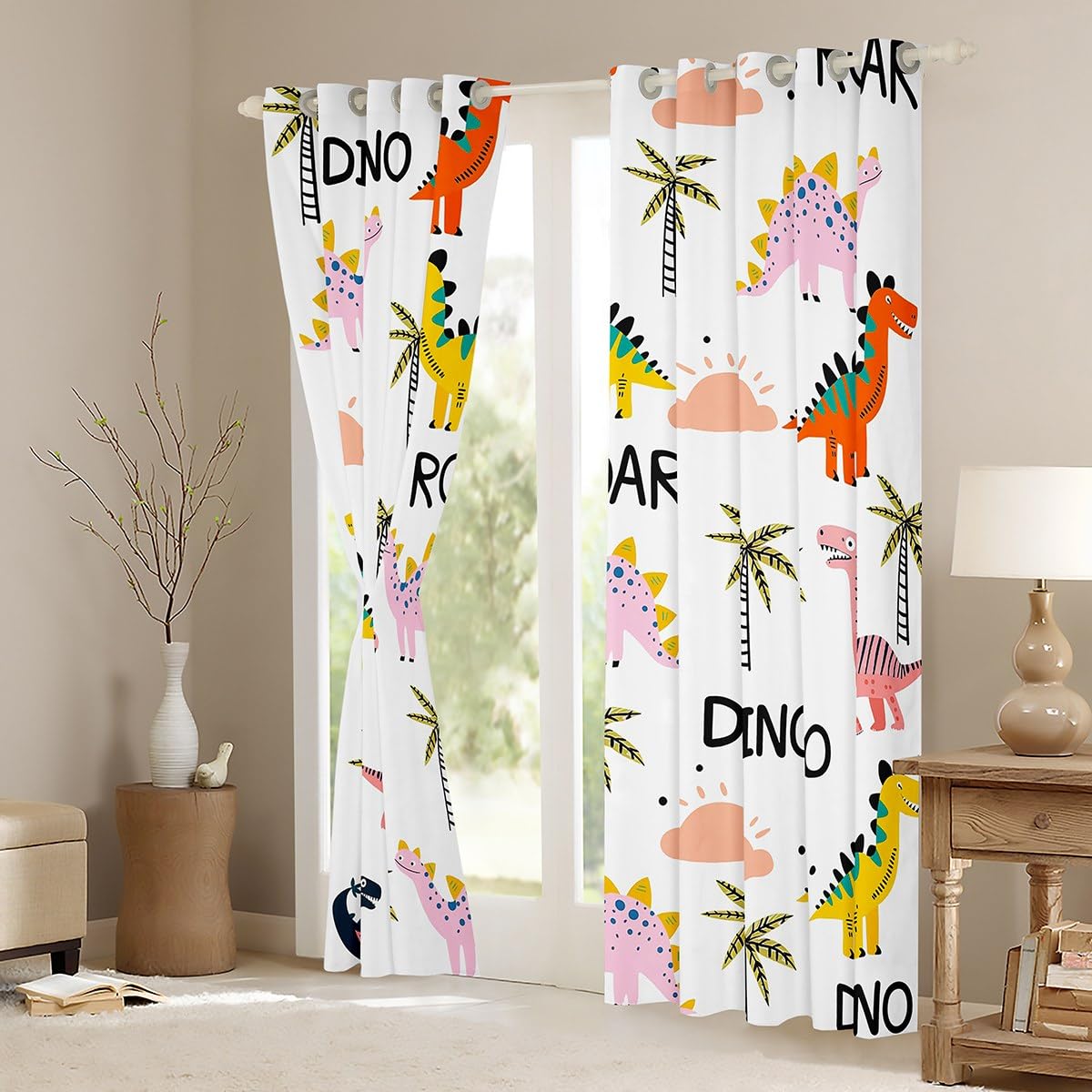 Homewish Rideau Occultant 117x183 cm Les Dinosaures,Rideau Animaux de Dessins Animés,Rideaux Voilage Plante de Palme Tropicale,Voilage Fenetre Enfant Garçons Filles Adultes Botanique pour Chambre