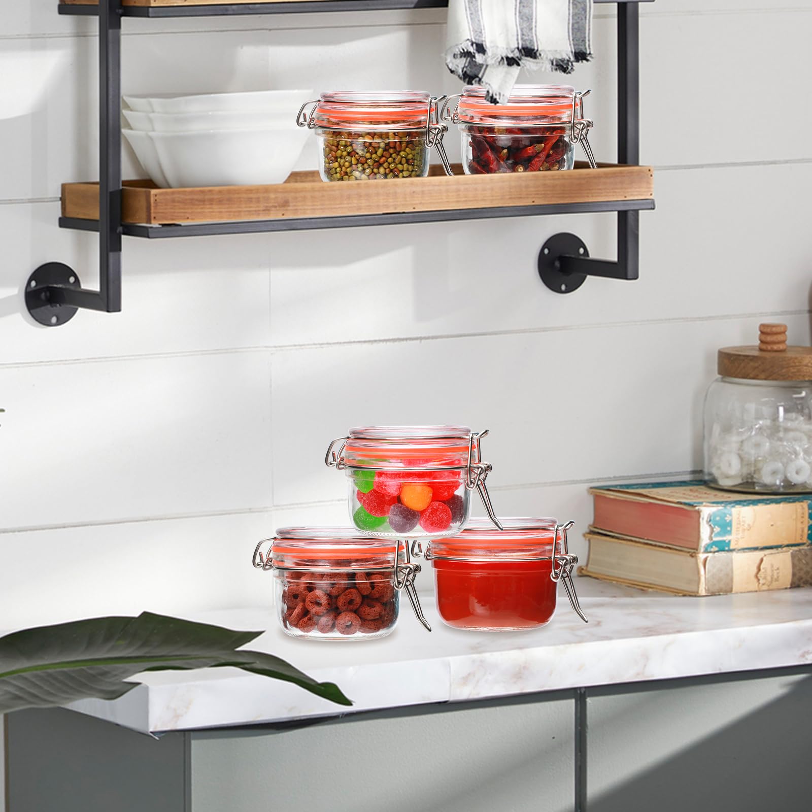 Flrolove Bocaux en verre de 141,7 g avec couvercle hermétique, petites boîtes en verre anti-fuite en caoutchouc pour cuisine, confiture, épices, céréales, haricots, cookies
