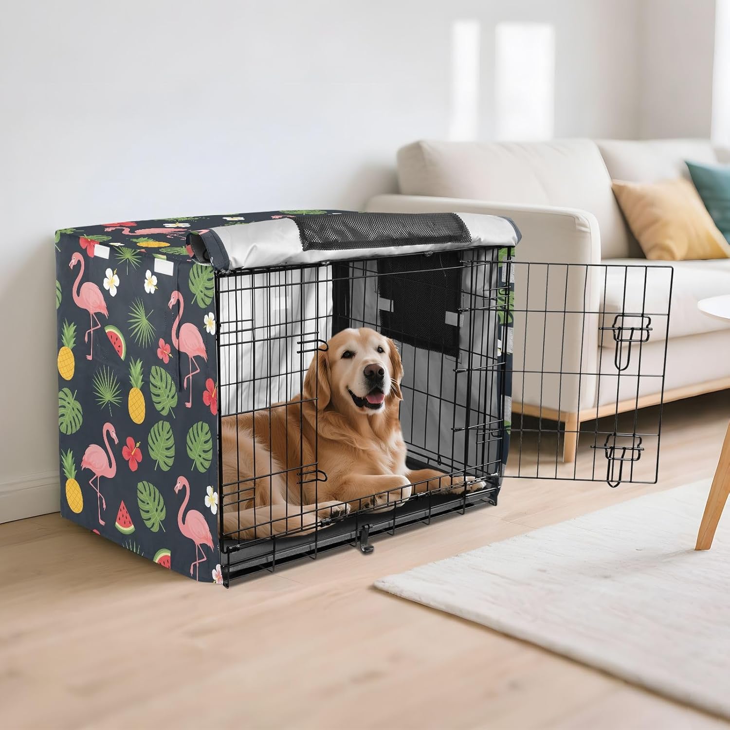 Flamingos Tropical Palm Dog Crate Cover 600D Oxford Pet Kennel Cover with Mesh Window for Dog Cages, Windproof Waterproof Machine Washable, 48"x30"x33"