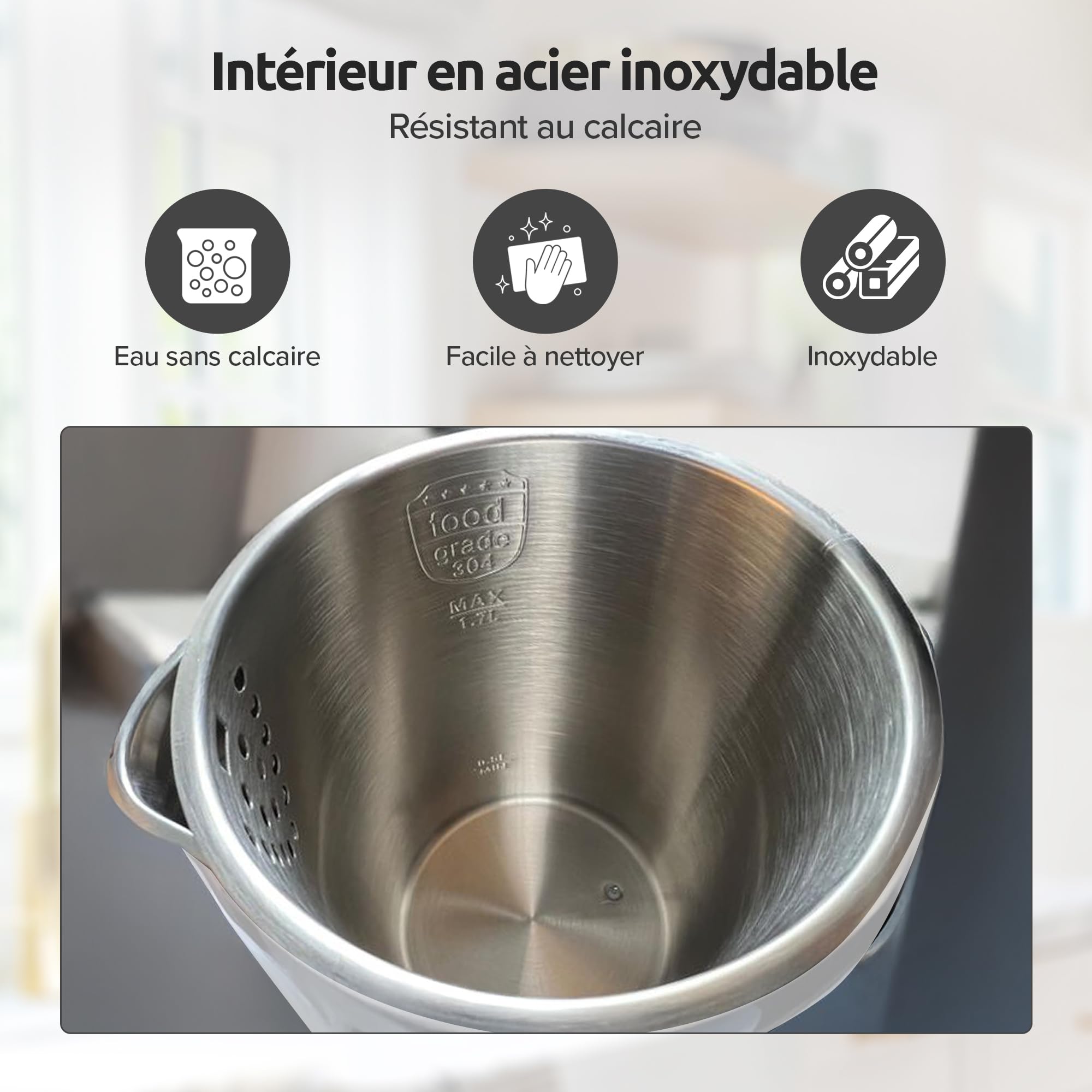 Olvy Bouilloire Électrique 1,7L Inox 2200W Double Paroi Maintien au Chaud