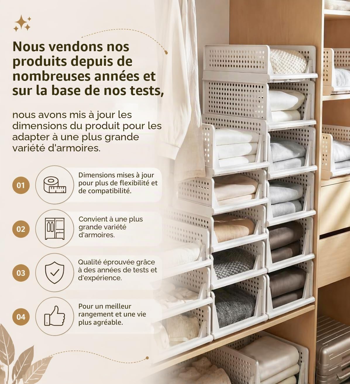 RMAN 4 pcs Organisateur Armoire Vetement Plastique Boite Rangement Vetement | Pliable, Empilable, Organisateur Tiroir Coulissant, Penderie, Dressing, Chambre, Blanc