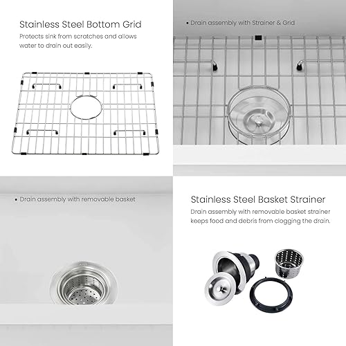 Miniatura 4 de KIBI Fregadero de cocina de arcilla refractaria de 27 pulgadas, cuenco individual con rejilla inferior y colador, fregadero esmaltado resistente al